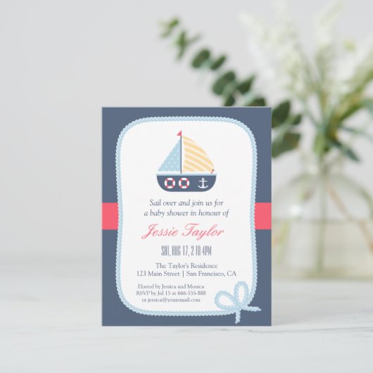 Elegant Sail-boot Nautical Baby Shower Invitaties Kaart (Staand voorkant)