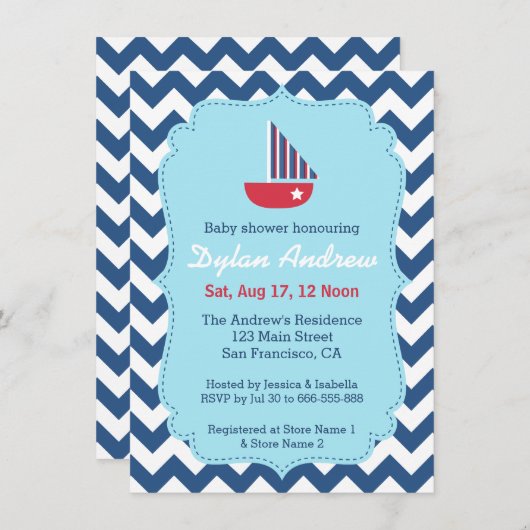 Elegant Sailboot Nautical baby shower, Chevron Kaart (Voorkant / Achterkant)