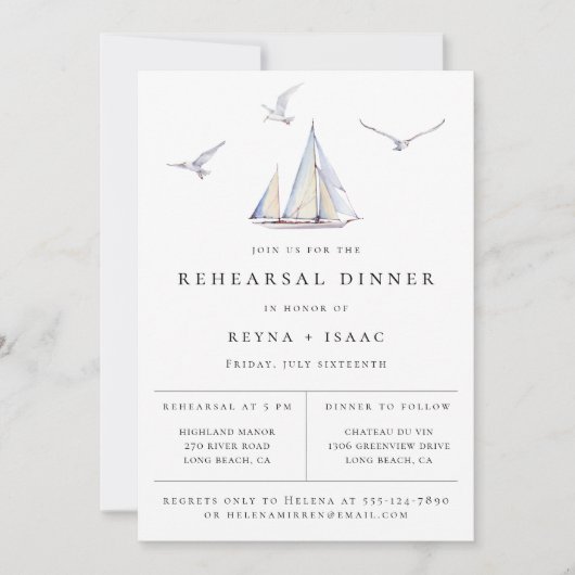 Elegant Sailboot Nautical Rehearsal Dinner Aankondiging (Voorkant)