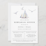 Elegant Sailboot Nautical Rehearsal Dinner Aankondiging<br><div class="desc">Moderne en elegante waterverf zeilboot en zeegarenden,  uitnodiging voor een repetitief diner. Een ontwerp met een afbeelding en een eenvoudige typografie met een blauw en wit steunpatroon.</div>