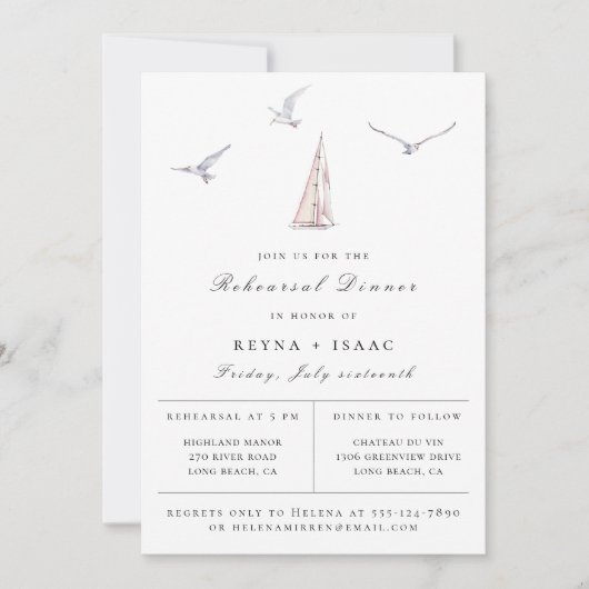 Elegant Sailboot Nautical Rehearsal Dinner Aankondiging (Voorkant)