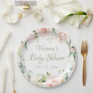 Elegant Salie Groen Bloemen Baby shower Papieren Bordje