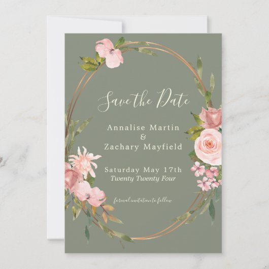 Elegant Salie Groen Blush Roze Bloemen Bruiloft Save The Date (Voorkant)