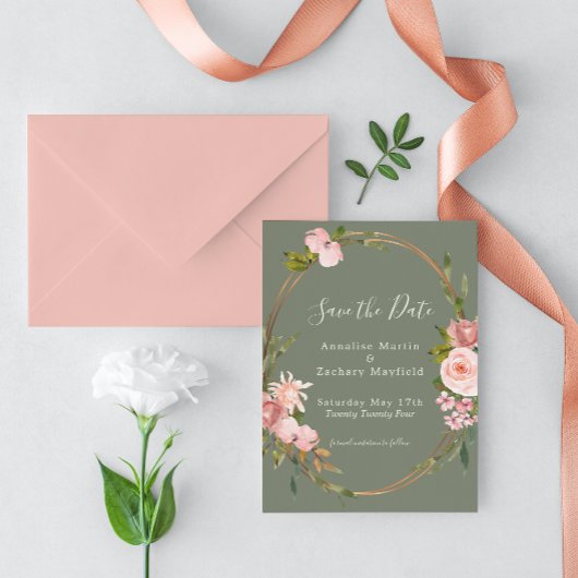 Elegant Salie Groen Blush Roze Bloemen Bruiloft Save The Date