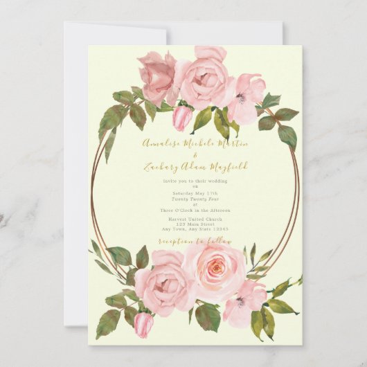 Elegant Salie Groen Blush Roze Bloemen Goud Bruilo Kaart (Voorkant)
