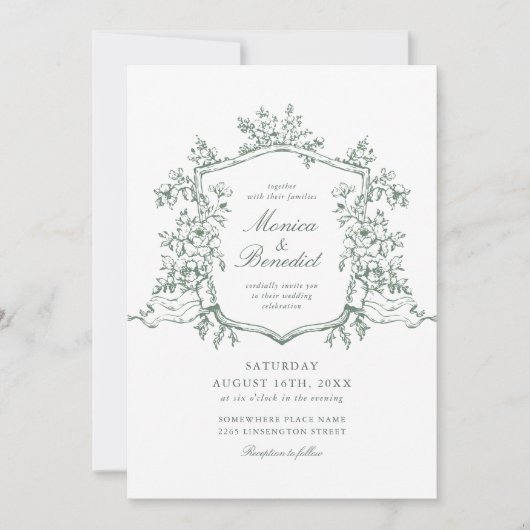 Elegant Salie Groen Frans Rozen Tuin Bruiloft Kaart (Voorkant)