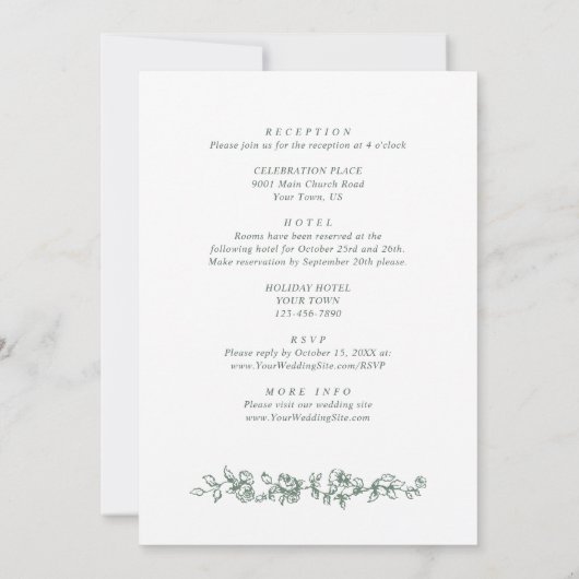 Elegant Salie Groen Frans Rozen Tuin Bruiloft Kaart (Achterkant)