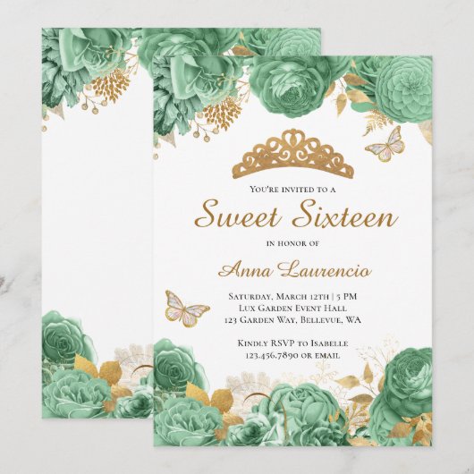 Elegant Salie Groen Goud Bloemen Zoet 16 Zestien Kaart (Voorkant / Achterkant)