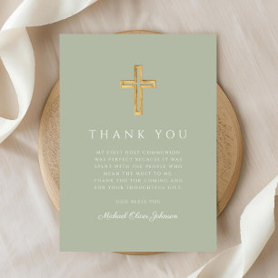 Elegant Salie Groen Religieus Kruis Eerste Communi Bedankkaart