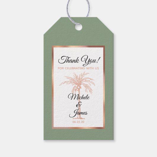 Elegant Salie Groen Roos Gouden Palm Bruiloft Cadeaulabel (Voorkant)