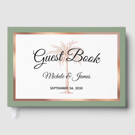 Elegant Salie Groen Roos Gouden Palm Bruiloft Gastenboek (Voorkant)