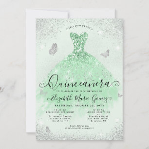 Elegant Salie Groen Zilver Glitter Gown Quinceaner Kaart