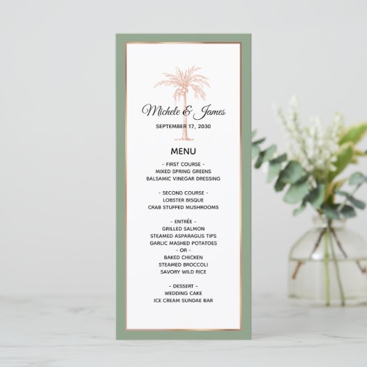 Elegant Salie Roos Goud Koper Palmboom Bruiloft Menu (Staand voorkant)