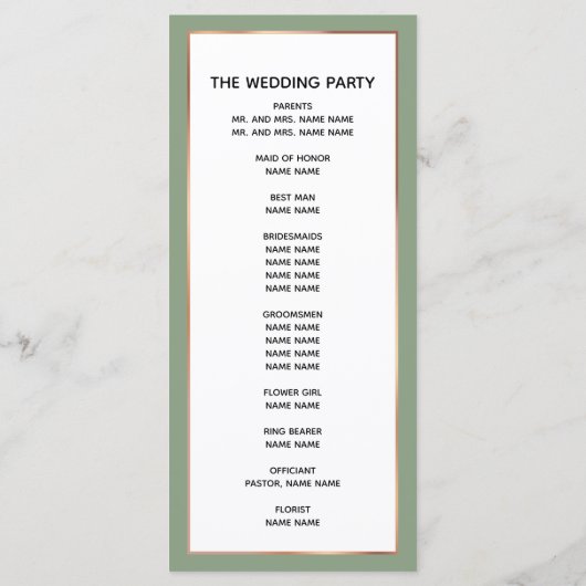 Elegant Salie Roos Goud Koper Palmboom Bruiloft Programmakaart (Achterkant)