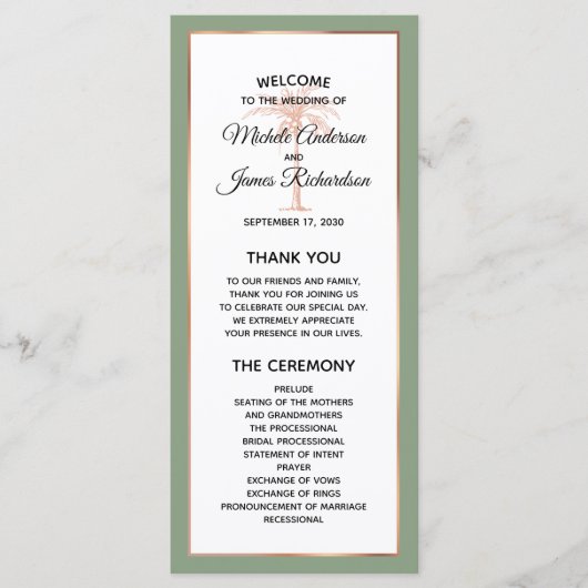 Elegant Salie Roos Goud Koper Palmboom Bruiloft Programmakaart (Voorkant)