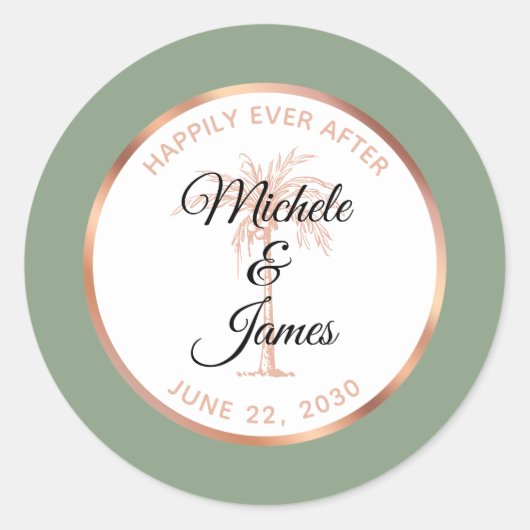 Elegant Salie Roos Gouden Palm Tropische bruiloft Ronde Sticker (Voorkant)