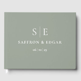 Elegant Saliegroen Monogram Huwelijk Gastenboek