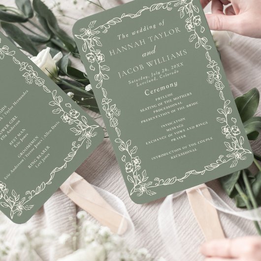 Elegant Saliegroen Vintage Trouwprogramma Handwaaier