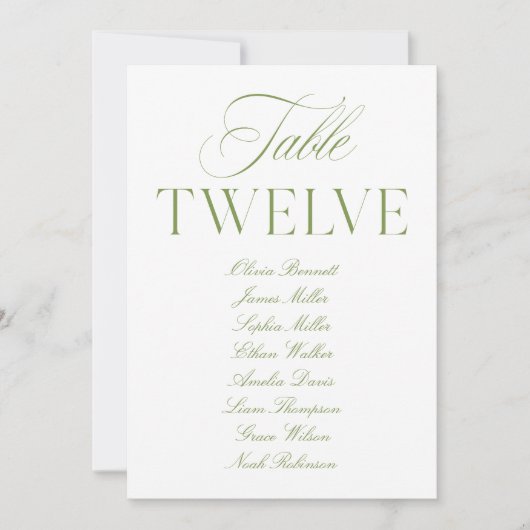 Elegant Saliegroen & Witte Trouwtafel Nummer Kaart (Voorkant)