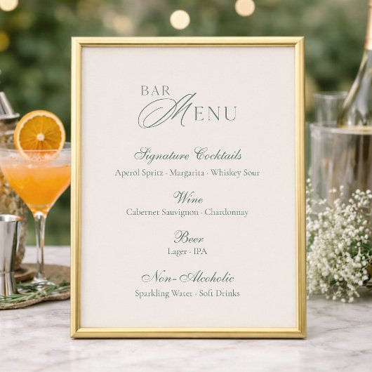 Elegant saliegroene barmenu trouwbord