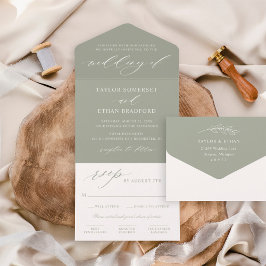 Elegant Saliegroene Kalligrafie Schrift Huwelijk All In One Uitnodiging