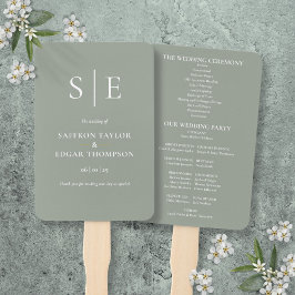 Elegant saliegroene trouwprogramma met monogram handwaaier
