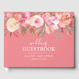 Elegant Salmon Pink Floral Waterverf Wedding Gastenboek