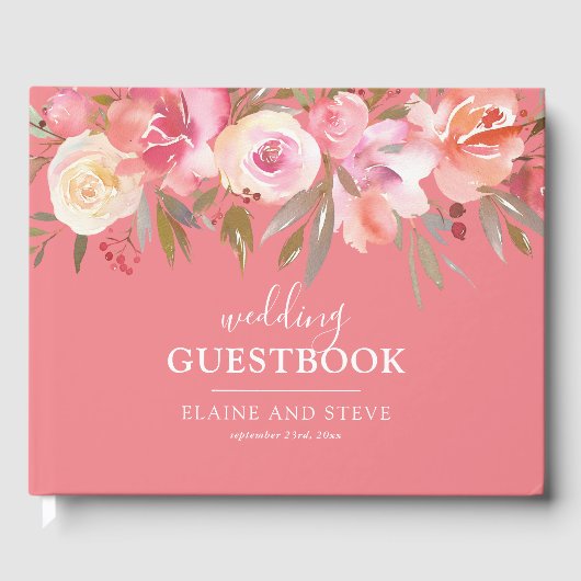 Elegant Salmon Pink Floral Waterverf Wedding Gastenboek (Voorkant)