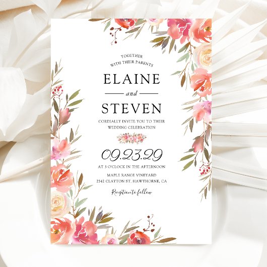 Elegant Salmon Pink Floral Wedding Kaart
