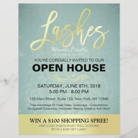 Elegant Salon Open House Flyer Gold & Blue Damask (Voorkant)