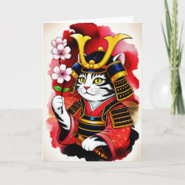  Elegant Samurai Cat Cherry for birthday, Thank Yu Kaart