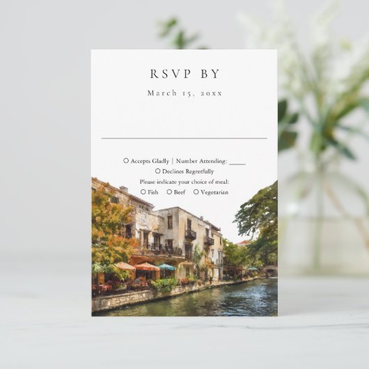 Elegant San Antonio Watercolor Wedding RSVP Kaartje (Staand voorkant)