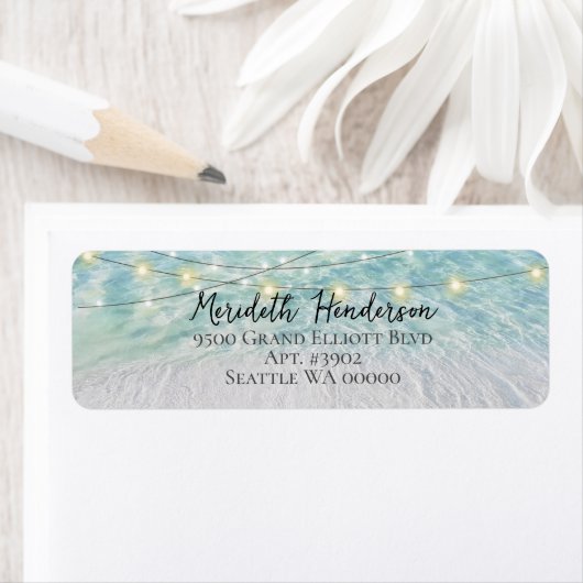 Elegant Sandy Beach SeaGlass Lights Weddenschap Etiket (Insitu)