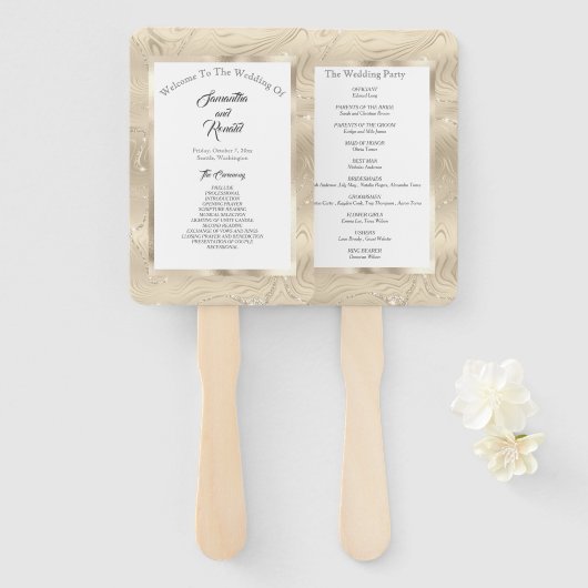 Elegant Sandy Gold Faux Folie Bruiloft Handwaaier (Voorkant en achterkant)
