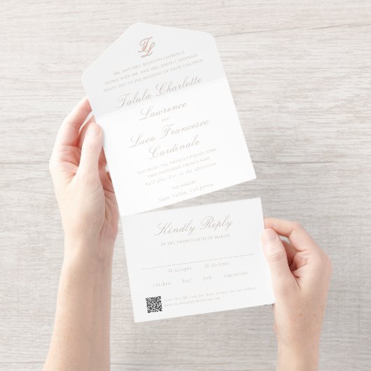 Elegant Sandy Neutral QR Code Traditional Wedding All In One Uitnodiging (Uittrekbaar)