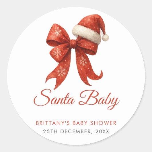 Elegant Santa Baby shower Red Bow Christmas Ronde Sticker (Voorkant)
