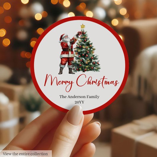 Elegant Santa Claus Red White Script Font Holiday Ronde Sticker