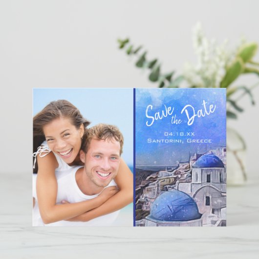 Elegant Santorini Greece Foto Waterverf Save The Date (Staand voorkant)