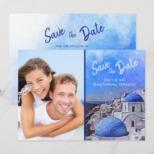 Elegant Santorini Greece Foto Waterverf Save The Date (Voorkant / Achterkant)