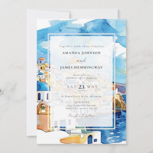 Elegant Santorini Griekenland Bestemming Blauw & W Kaart (Voorkant)