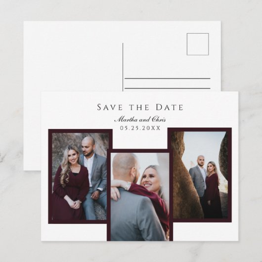Elegant Save the Date 3 Fotocollage Rood Chic Aankondigingskaart (Voorkant / Achterkant)