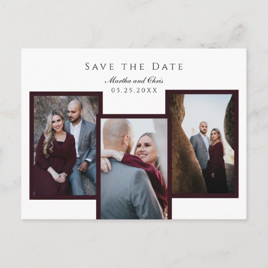 Elegant Save the Date 3 Fotocollage Rood Chic Aankondigingskaart (Voorkant)