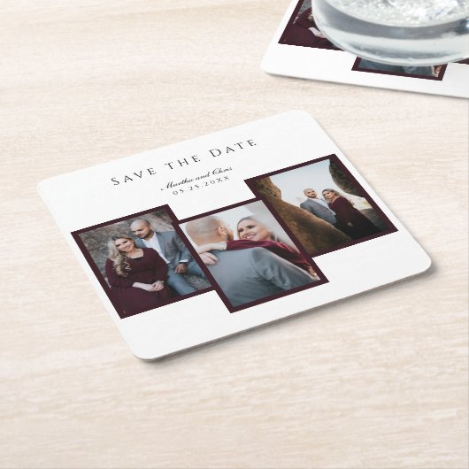 Elegant Save the Date 3 Fotocollage Rood Chic Kartonnen Onderzetters (Schuin)
