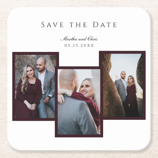 Elegant Save the Date 3 Fotocollage Rood Chic Kartonnen Onderzetters (Voorkant)