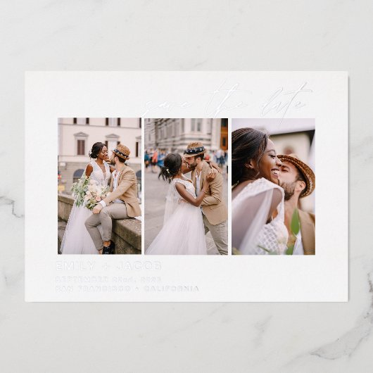 Elegant Save the Date 4 Photo Minimalist Silver Folie Uitnodiging (Voorkant)