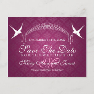 Elegant Save the Date Birds Monogram Pink Briefkaart