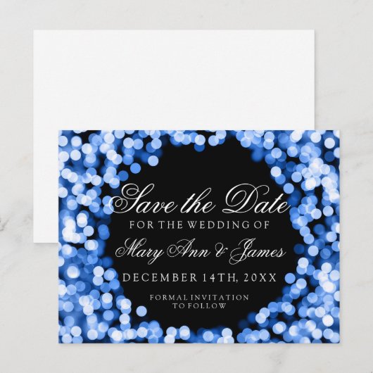 Elegant Save the Date Blue Sparkly Lights Aankondigingskaart (Voorkant / Achterkant)