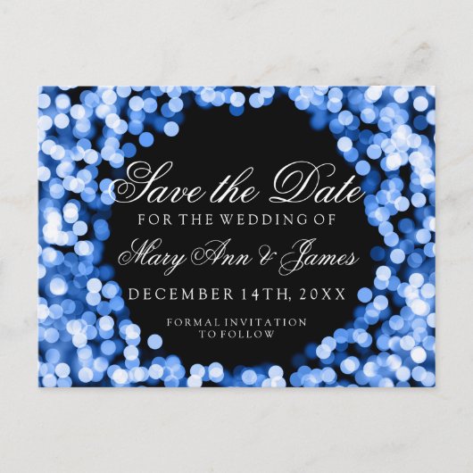 Elegant Save the Date Blue Sparkly Lights Aankondigingskaart (Voorkant)