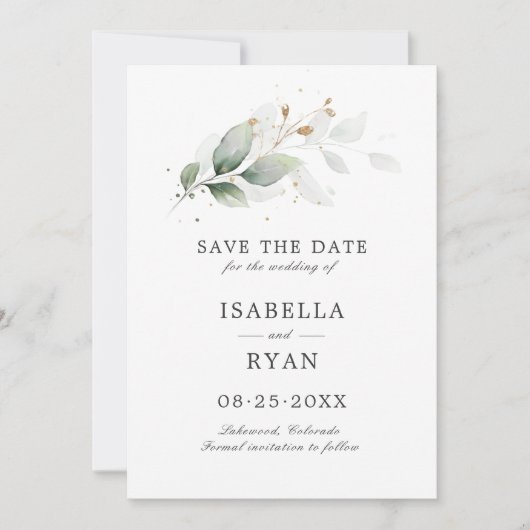 Elegant Save the Date Botanical Greenery Gold (Voorkant)