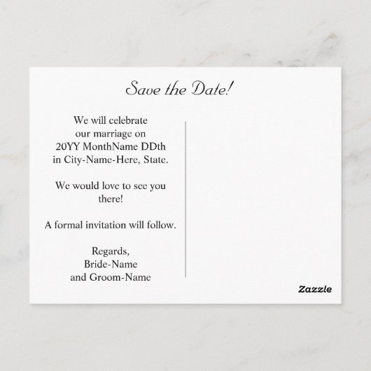 Elegant "Save the Date!" Briefkaart (Achterkant)